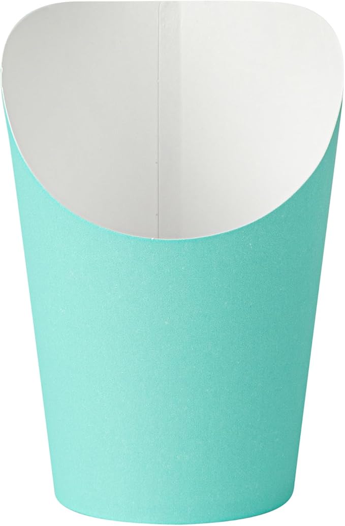 Bio Tek 12 Ounce French Fry Containers, 100 Disposable Charcuterie Cups - Incline Design, Round, Turquoise Paper French Fry Cups, Stackable, For Waffles, Chips, or Popcorn - Restaurantware