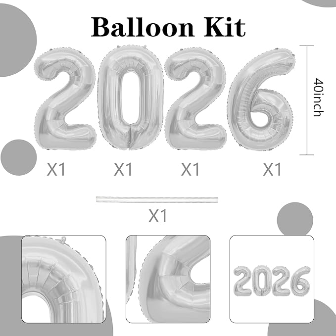 2026 Balloons, 40 inch 2026 Silver Number Balloons, 2026 Happy New Years Decorations, Large Foil Balloons Number for New Years Eve Party Supplies 2026, Class of 2026 Graduation Decorations