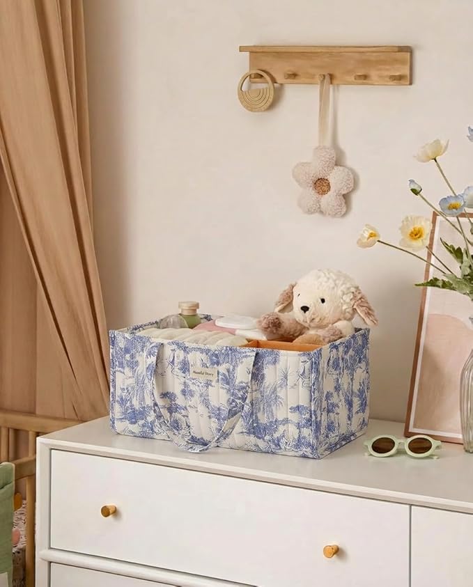 Quilted Fabric Storage Basket Floral Baby Diaper Caddy Quilted Basket Organizer for Newborn Nursery Bedroom Car Storage