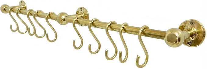 Unlacquered Solid Brass Pot Rail with S Hooks – Wall Mounted Pot Rack Rod for Pots & Pans, Kitchen Organizer, Vintage Brass Hanging Rail (88 inch (26 S-Hooks))