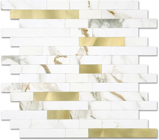 10 - Sheet Peel and Stick Backsplash Wall Tile, PVC Kitchen Backsplash, Stick on Tiles for Backsplash Kitchen (12'' X 12'', White with Gold)