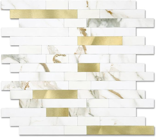 10 - Sheet Peel and Stick Backsplash Wall Tile, PVC Kitchen Backsplash, Stick on Tiles for Backsplash Kitchen (12'' X 12'', White with Gold)
