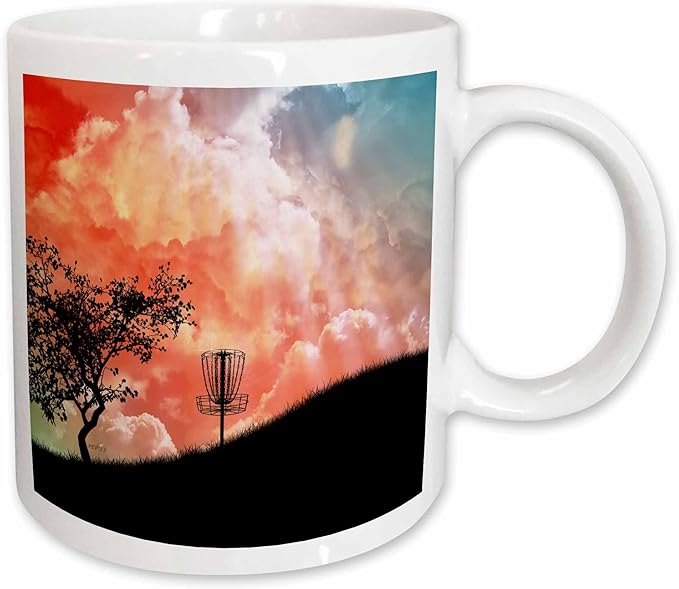 3dRose mug_173454_1 Basket On A Hill - Silhouette Of A Frisbee Disc Golf Basket With Chains Ceramic Mug, 11 oz