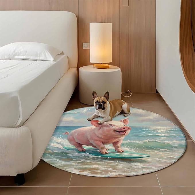 Washable Round Area Rug Surfing Farm Pink Pig Circle Rugs Floor Carpet for Living Room Bedroom, Summer Blue Sea Wave Beach Soft Non Slip Round Rug 5ft