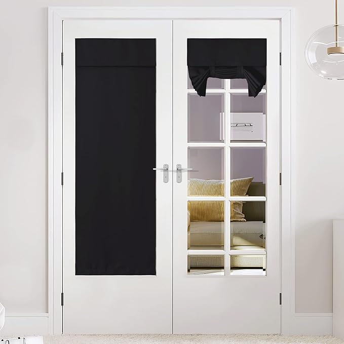NICETOWN French Door Curtain - Tricia Window Door Shades for RV Camper Thermal Insulated Front Curtain Tie up Shade for Patio Sidelight Glass Decor, 26 x 72 inches, Black, 1 Panel