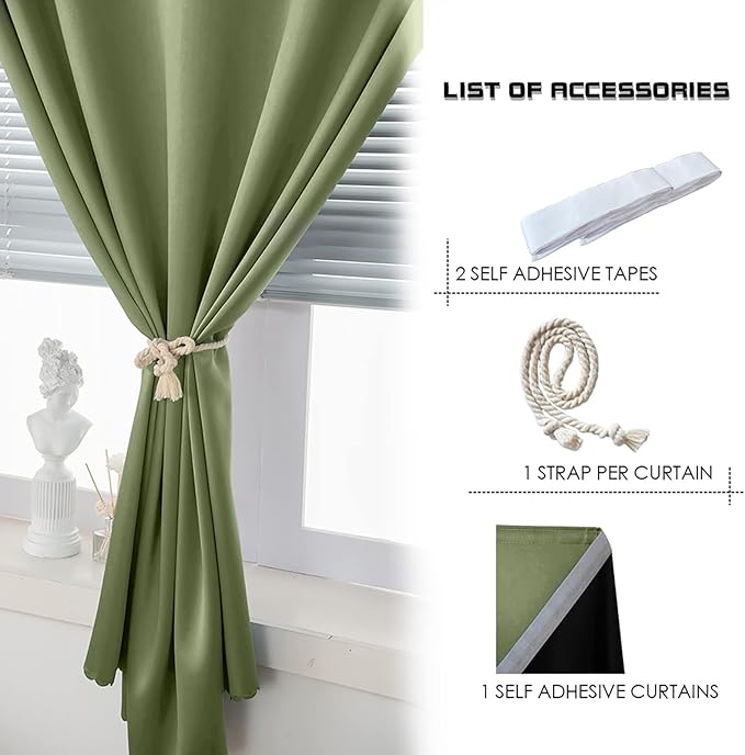 AJAZZ 100% Blackout Shades Window Cover Self Adhesive Curtains Sticky Curtain Portable Easy Open Blackout Curtains for Bedroom Living Room No Drilling (Sage Green, 35" W x 71" L) 1 Panel