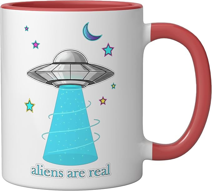 Aliens Are Real Retro UFO Flying Saucer Beam Space Ceramic Mug, Red/White
