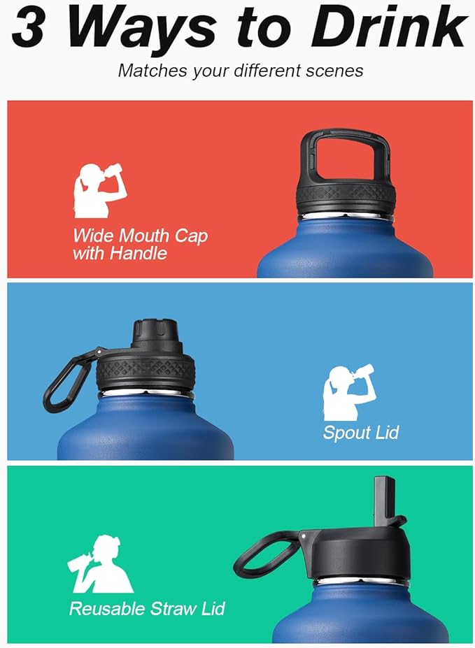 Coolflask 128 oz Gallon Water Bottle Insulated with Straw&3 Lids, Water Jug Large Stainless Steel Metal Vacuum Wide Mouth for Sports, Gym or Office, Non-BPA Keep Cold 48H Hot 24H, King's Blue