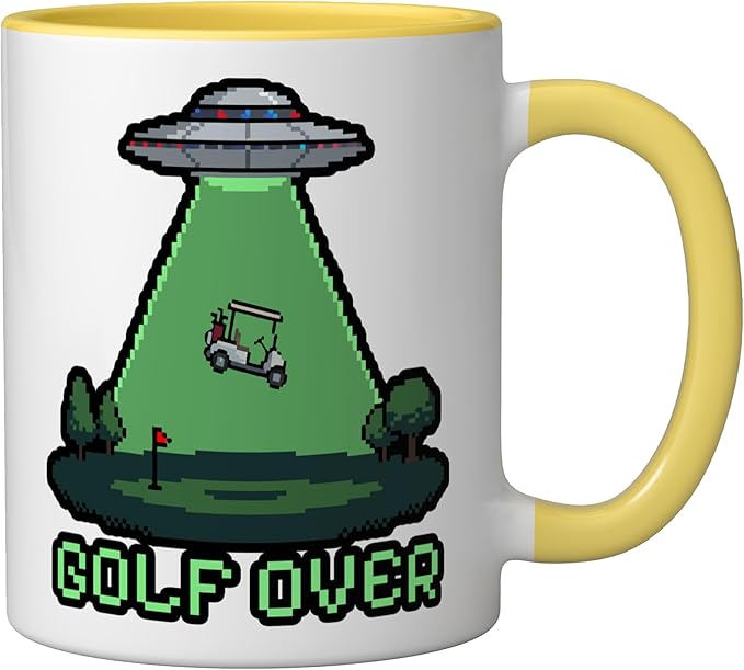 Retro Funny GOLF OVER Pixel Art UFO Abducting Golf-Cart Ceramic Mug, Yellow/White