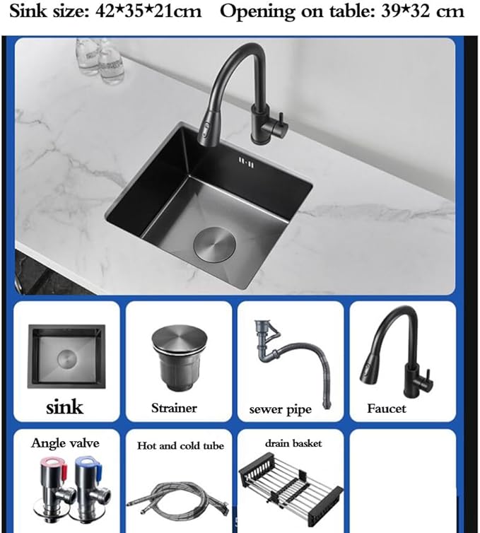 Single Bowl Restaurant Studio Bar Siphon Sink with Faucet Stainless Steel Small Size Single Bowl Sink Easy to Clean Sink Kitchen Washing Basin (Black 42 * 35 * 21cm)