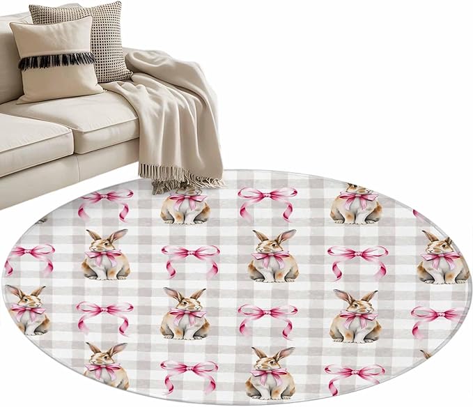 Washable Round Area Rug Easter Rabbit Pink Bow Circle Rugs Floor Carpet for Living Room Bedroom, Seamless Bunny Gray Buffalo Plaid Soft Non Slip Round Rug 4ft
