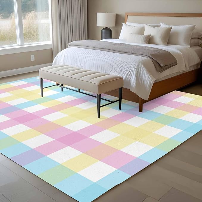 Area Rug 6x9ft, Spring Easter Colorful Lattice Washable Rugs for Living Room Bedroom, Minimalist Buffalo Checker Soft Non-Slip Area Rugs Rectangle Floor Carpet for Dining Room