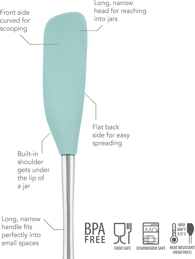 Tovolo Jar Spatula Silicone Long Stainless Steel Handle Spatula Aqua Seafoam Green, Jar Scraper Heat Resistant Dishwasher Safe BPA Free Kitchen Utensil for Scraping Spreading Jelly Peanut Butter