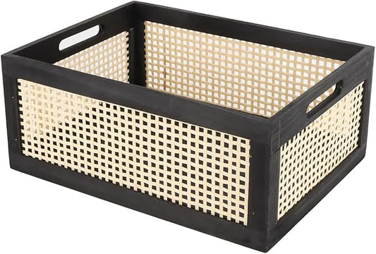 SHCMSADO Wooden Frame Storage Basket, Decorative Organizer Crates Box with Built-in Handle,Natural Wire Wood Nesting Drawer Storage for Kitchen, Bathroom and Office Desktop-(15" Lx11 Wx6.3 H-Black)