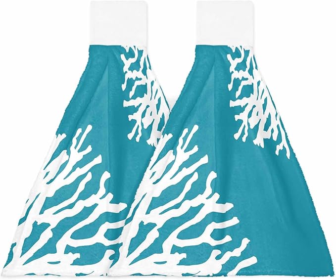 Alandar Home Kitchen Tie Towel Set of 2, Summer Blue Ocean Abstract Coral Absorbent Soft Hand Towels for Bathroom Hanging Towels, Modern Minimalist Art Fast Drying Cleaning Cloth with Loop