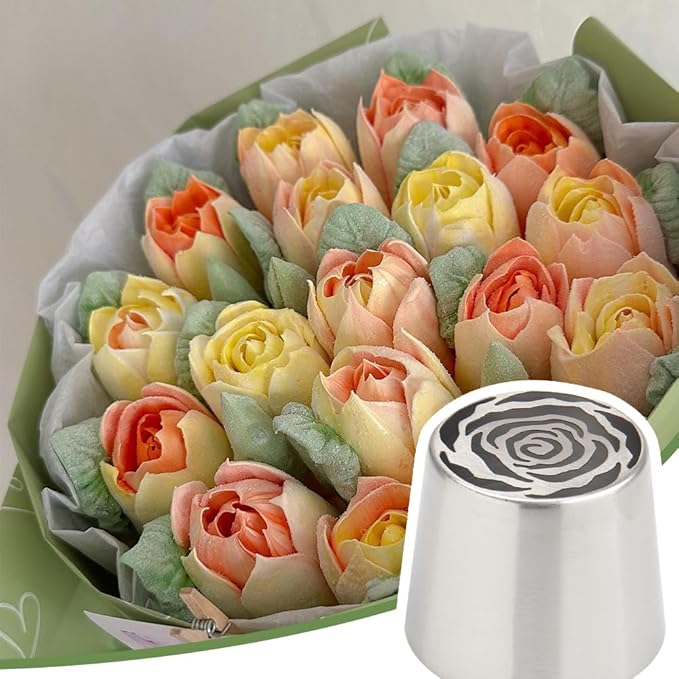 Extra Large Russian Piping Tip Set - 6 Stainless Steel Marshmallow Buttercream Framing Nozzles for 3D Roses Tulip Cake Decorations and Marshmallow Bouquets, Includes 1 Cleaning Brush(6C)