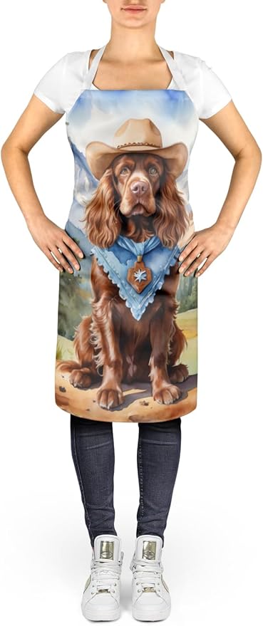 Caroline's Treasures Sussex Spaniel Cowboy Welcome Apron Cooking Kitchen Server Baking Crafts Gardening for Adult Women Men, Unisex, Large, Multicolor