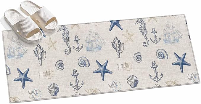 Runner Rug for Bedroom Hallway, Coastal Seahorse Starfish Shell Conch Kitchen Runner Rugs Area Rug 2x6ft, Vintage Nautical Anchor Washable Soft Floor Carpet for Entryway Stair