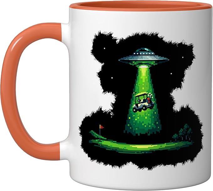 Retro Pixel Art UFO Abducting Golf Cart Funny Alien Golfing Ceramic Mug, Orange/White