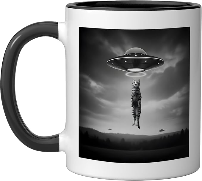 Funny Alien Cat Abduction UFO Sci Fi Humor Ceramic Mug, Black/White