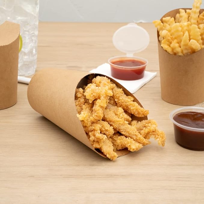 Restaurantware Bio Tek 16 Ounce French Fry Containers 100 Disposable Charcuterie Cups - Incline Design Round Kraft Paper French Fry Cups Stackable For Waffles Chips or Popcorn