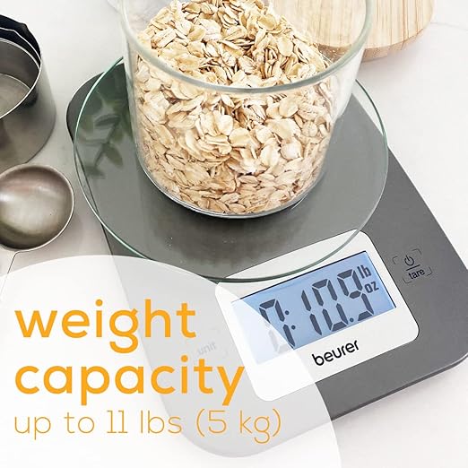 Beurer KS26 Kitchen Scale High Accuracy Digital Food Scales Weight Grams and Oz, 11 lbs Capacity, LCD Display, for Baking, Cooking, Meal Prep, Keto, Coffee Beans and More