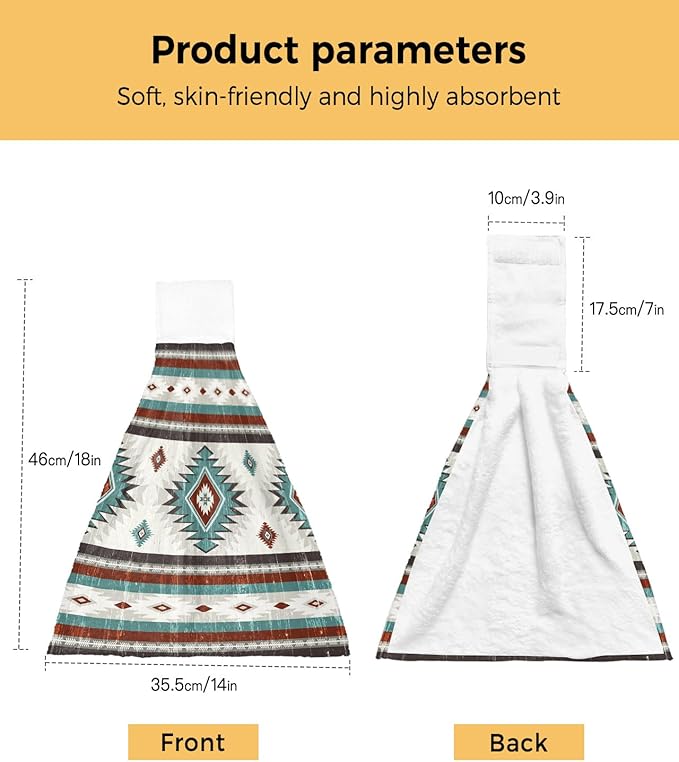 Alandar Home Kitchen Tie Towel Set of 1, Farm Brown Bohemian Aztec Absorbent Soft Hand Towels for Bathroom Hanging Towels, Turquoise Ethnic Wind Fast Drying Cleaning Cloth with Loop