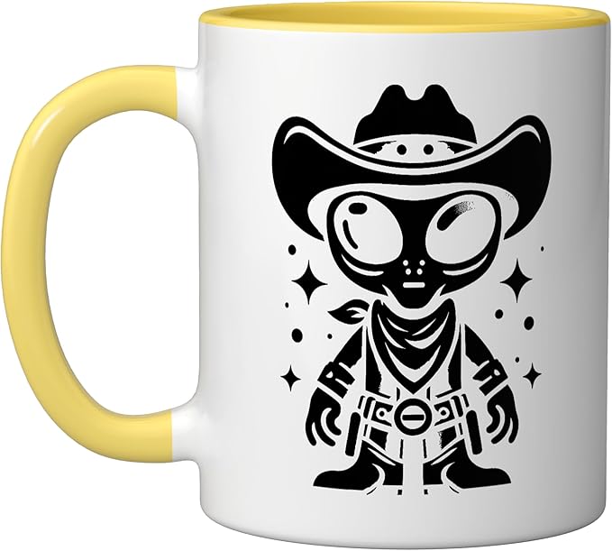Alien Lover Flying Saucer UFO Extraterrestrial Cowboy Ceramic Mug, Yellow/White