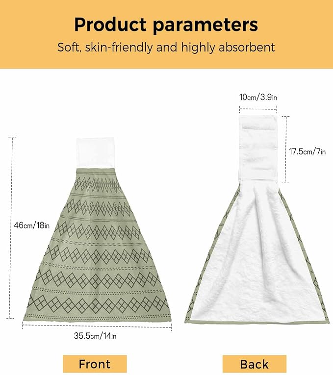 Alandar Home Kitchen Tie Towel Set of 2, Modern Sage Green Black Check Absorbent Soft Hand Towels for Bathroom Hanging Towels, Dotted Line Geometric Art Fast Drying Cleaning Cloth with Loop