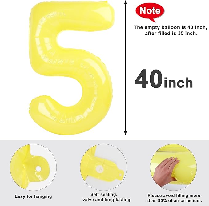 Balloon Numbers 40 Inch 5 Ballon for 5th Birthday Decorations, 15 25 35 50 Big Yellow Number Balloons for Wedding Photo Shoot Party Decor