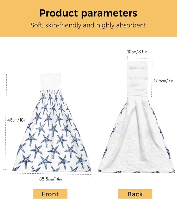 Alandar Home Kitchen Tie Towel Set of 1, Seamless Marine Blue Starfish Absorbent Soft Hand Towels for Bathroom Hanging Towels, Summer Ocean Life on White Fast Drying Cleaning Cloth with Loop