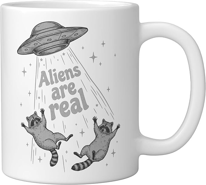 Aliens Are Real UFO Raccoon Abduction Ironic Meme Ceramic Mug, White