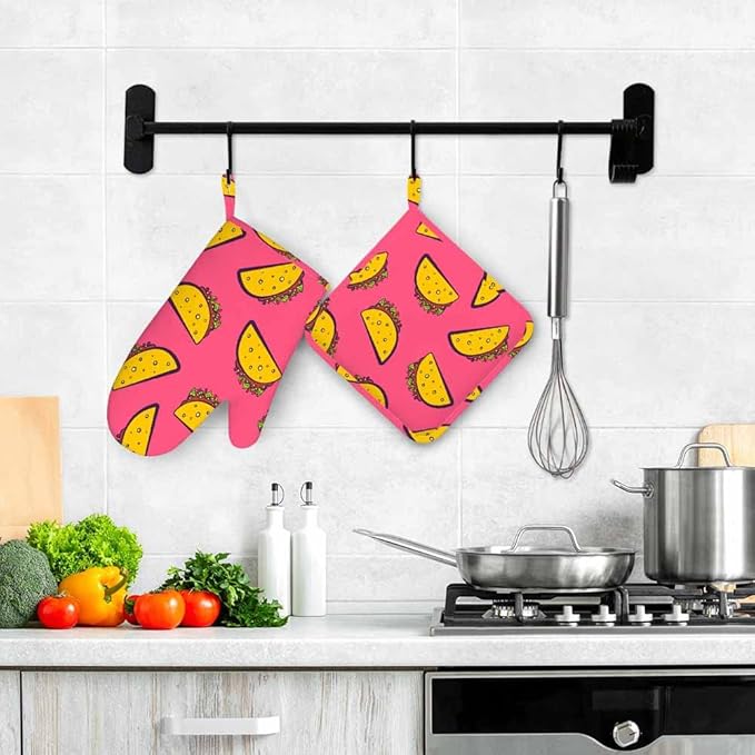 Mxocom Mexican Taco Silicone Oven Mitts and Pot Holders Sets Cute Cartoon on Pink Background BBQ Gloves for Kitchen,Cooking,Baking,Grilling