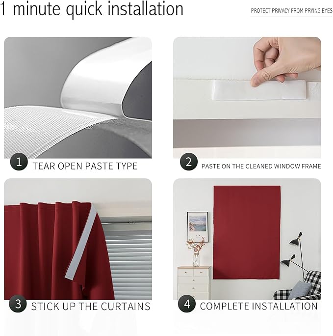 Self Adhesive Curtains, Stick Curtain Blackout Shades Window Cover Curtains for Living Room No Drilling, 59" W X 96" L, Burgundy, 1 Panel