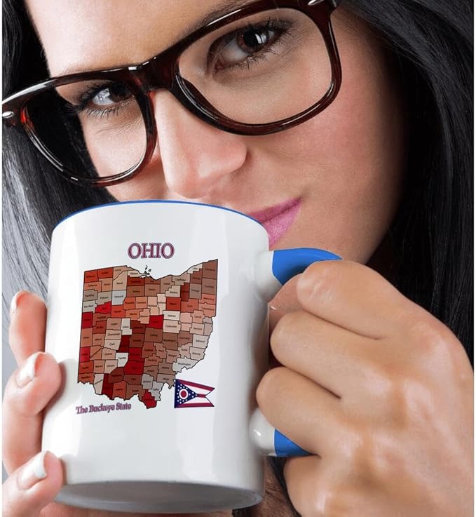 3dRose Map, flag and nickname of Ohio with all counties colored and labeled 11oz Two-Tone Blue Mug