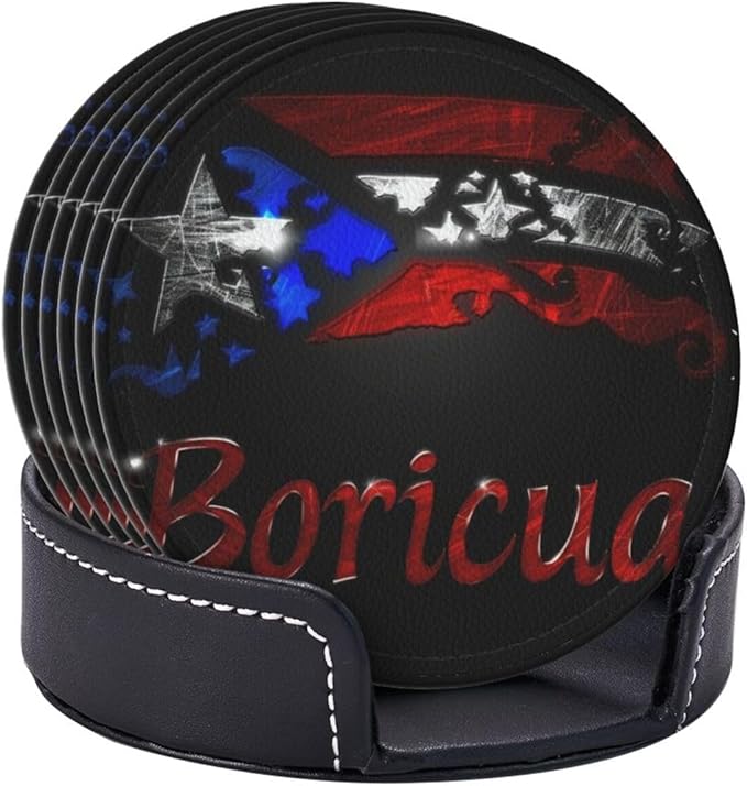 Puerto Rico Leather Drinks Coasters with Holder, Set of 6, Suitable for Various Cups