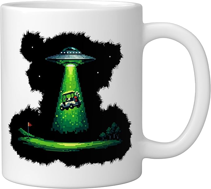 Retro Pixel Art UFO Abducting Golf Cart Funny Alien Golfing Ceramic Mug, White