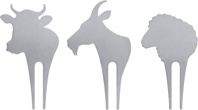 Swissmar CP120 Cow, Goat & Sheep Cheese Marker Set, 3 Pieces, Stainless Steel, Decorative Cheese Forks/Labels/Cheese Picks, Dishwasher Safe, Gift Set