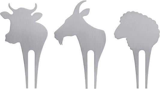 Swissmar CP120 Cow, Goat & Sheep Cheese Marker Set, 3 Pieces, Stainless Steel, Decorative Cheese Forks/Labels/Cheese Picks, Dishwasher Safe, Gift Set