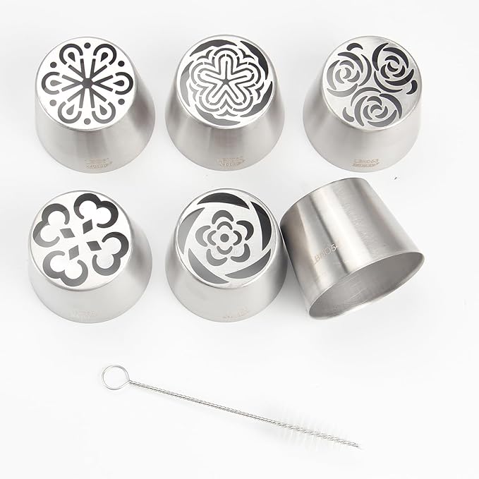 Extra Large Russian Piping Tip Set - 6 Stainless Steel Marshmallow Buttercream Framing Nozzles for 3D Roses Tulip Cake Decorations and Marshmallow Bouquets, Includes 1 Cleaning Brush(6E)