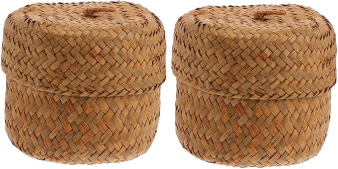 Cabilock 2pcs Handmade Woven Storage Basket Mini Seagrass Flower Packing Box for Sundries Home Decor and Gifting Attractive Natural Design for Organizing and Displaying