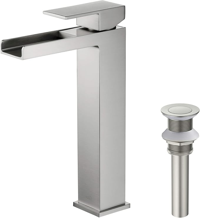 KIBI Waterfall Bathroom Sink Faucet | Single Handle Brass Vanity Faucet with Water Supply Hose | Durable Brass Construction and Smooth Water Flow | Brushed Nickel, KBF1005 (Pop Up Drain Included)