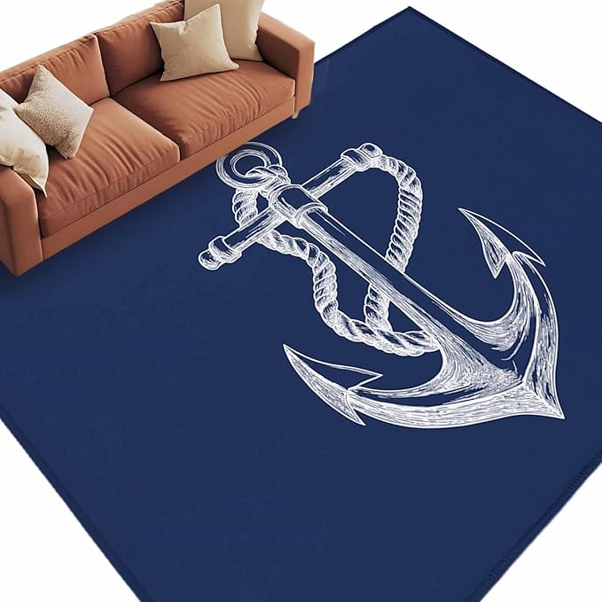 Area Rug 6x9ft, Marine Theme Anchor String Sketch Washable Rugs for Living Room Bedroom, Watercolor Nautical Theme Soft Non-Slip Area Rugs Rectangle Floor Carpet for Dining Room