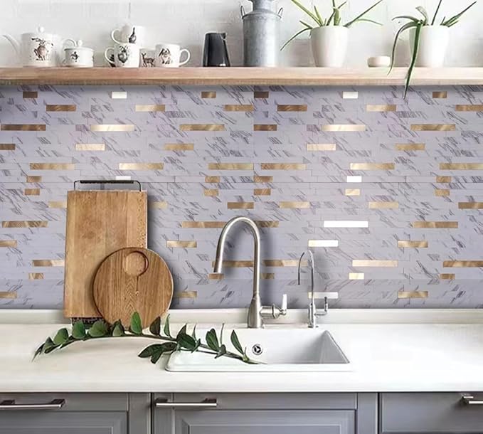 WEIMEISC 10 Sheets Peel and Stick Backsplash Tile for Kitchen, Self-Adhesive Mosaic Tile, Stick on Bathroom Vanities, Fireplace Decor, Laundry Table, White Marble + Gold-3, Metal Aluminum PVC Material