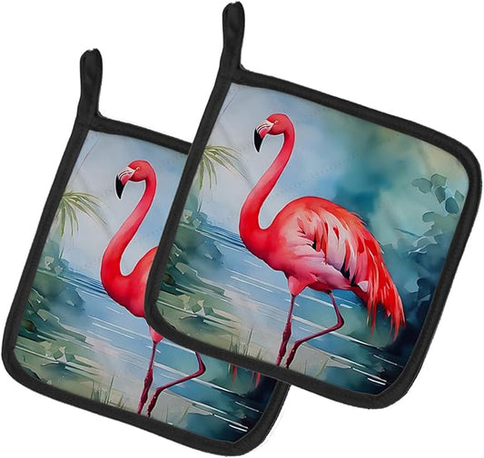 Caroline's Treasures Flamingo Pair of Pot Holders Kitchen Heat Resistant Pot Holders Sets Oven Hot Pads for Cooking Baking BBQ, 7 1/2 x 7 1/2