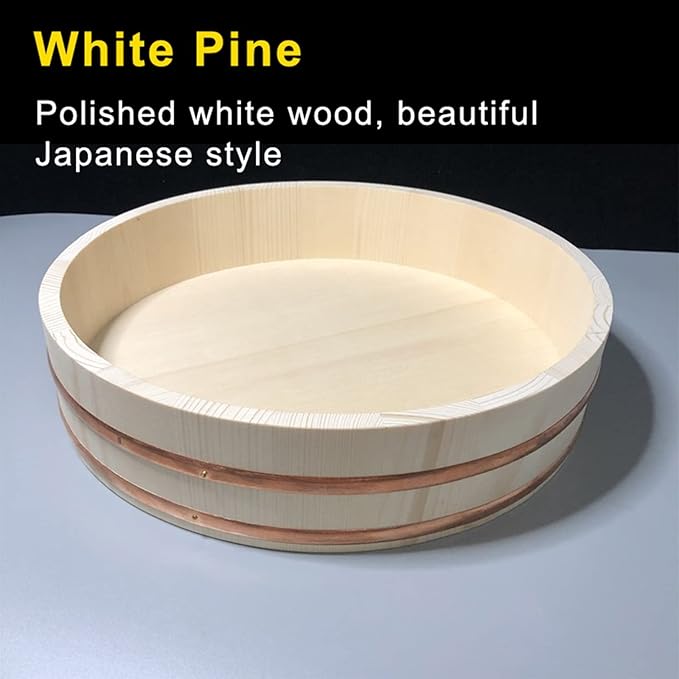 Round Sushi Rice Bowl with Shovel Wooden Hangiri Oke Sushi Rice Tub with Copper Band Rice Mixing Bowl Tub for Restaurant Home Kitchen 36x8cm (62x16cm)