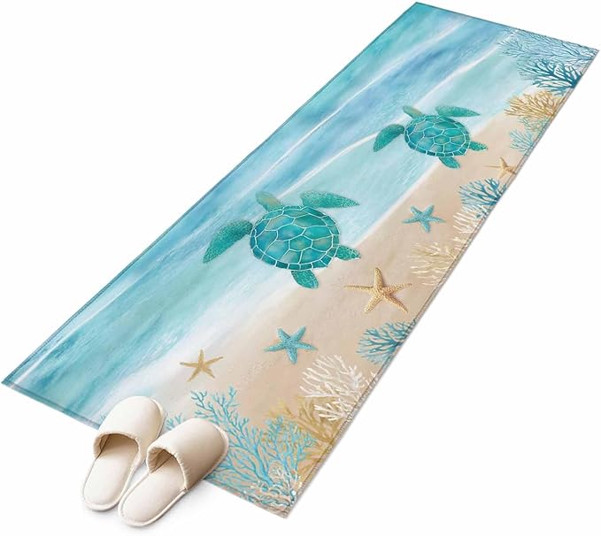 Runner Rug for Bedroom Hallway, Sea Turtle Starfish Coral Kitchen Runner Rugs Area Rug 2x6ft, Summer Seaside Ocean Life Washable Soft Floor Carpet for Entryway Stair