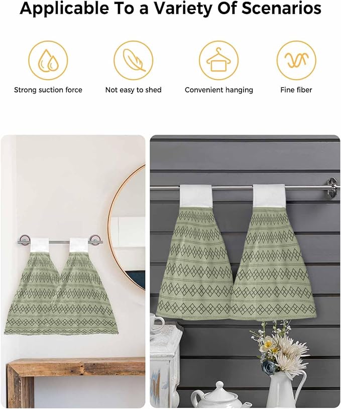 Alandar Home Kitchen Tie Towel Set of 1, Modern Sage Green Black Check Absorbent Soft Hand Towels for Bathroom Hanging Towels, Dotted Line Geometric Art Fast Drying Cleaning Cloth with Loop