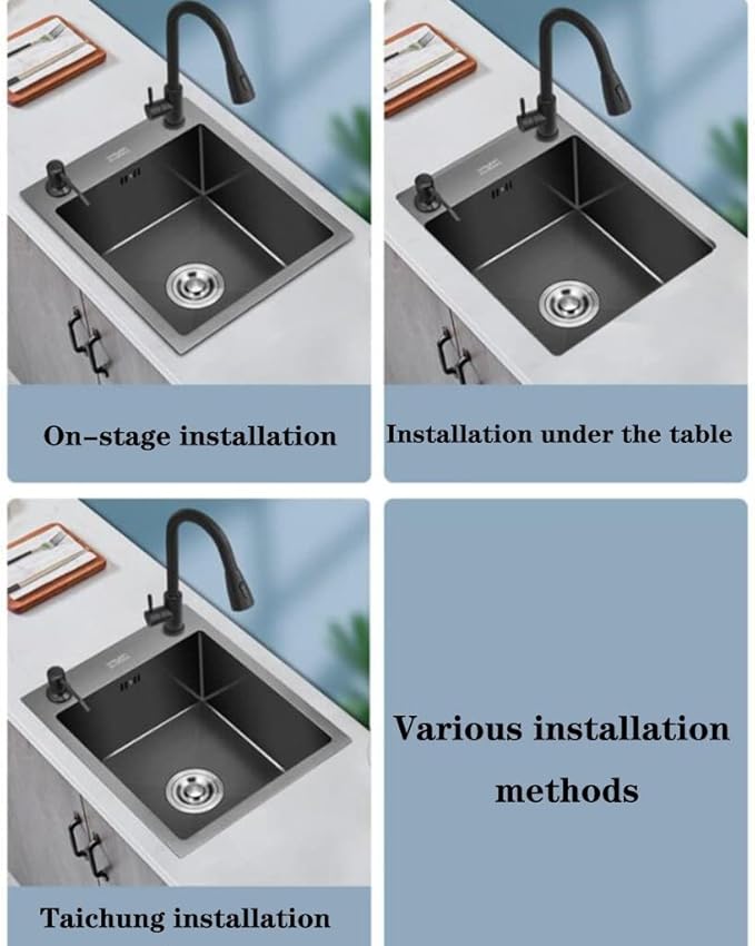 Single Bowl Bar Counter Sink 304 Stainless Steel Single Bowl Sink Mini Space Saving Kitchen Sink Washbasin Home Apartment Built-in Sink (Black 40 * 40 * 21cm)
