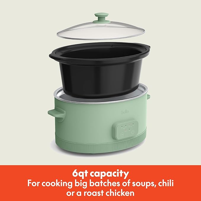 bella 6.0 Qt Programmable Slow Cooker, Ceramic Nonstick Coating, Adjustable Temperature & Cooking Times, Dishwasher Safe Stoneware Pot & Tempered Glass Lid, Tangle Free Cord Wrap, Seaglass